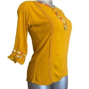 Mazakat Blouse Top Mustard Yellow Boho Peasant Henley 3/4 Ruffle Sleeve Sz Small